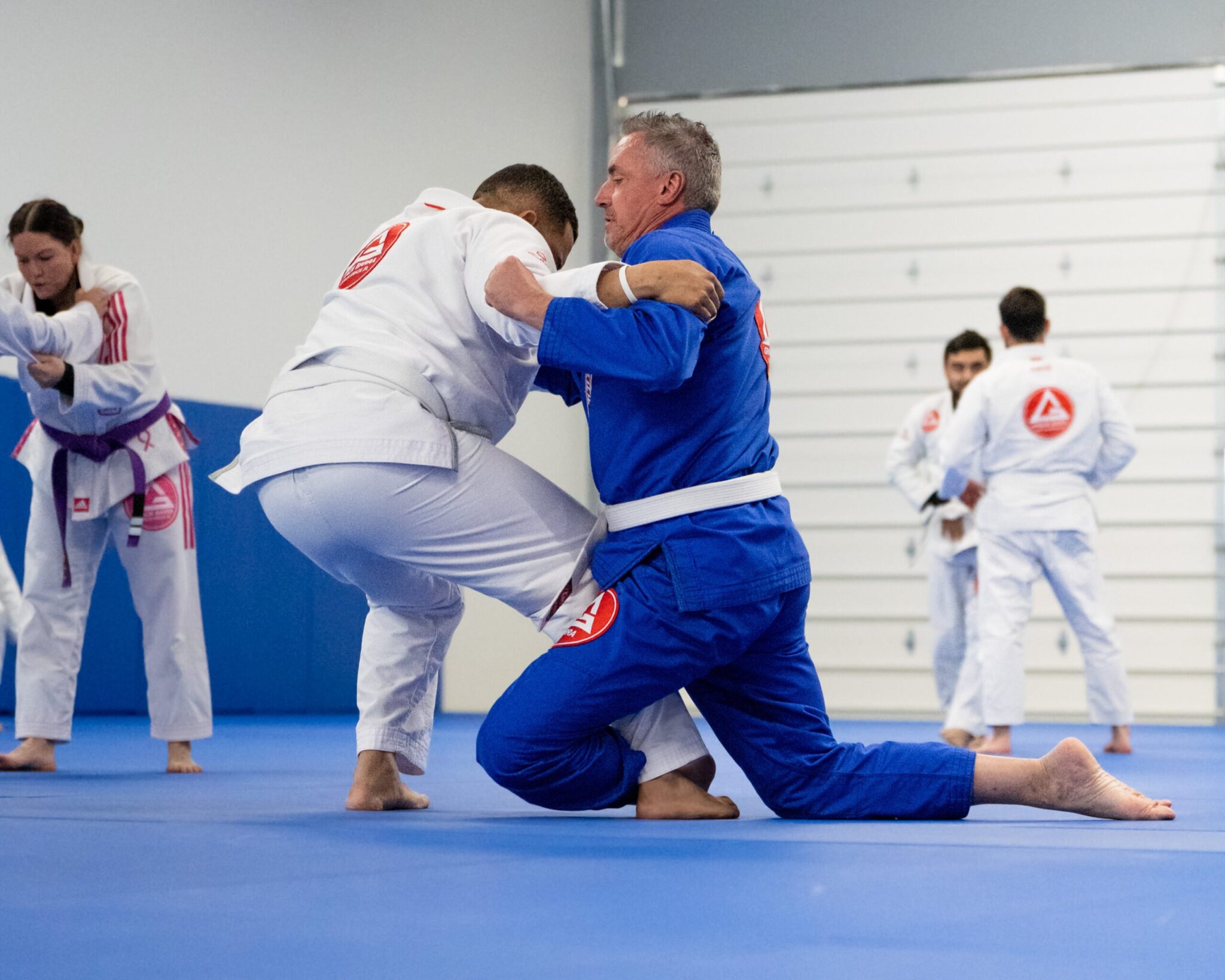 Two adult students practicing Brazilian Jiu-Jitsu at Gracie Barra West Jordan. On the back more students practicing BJJ.